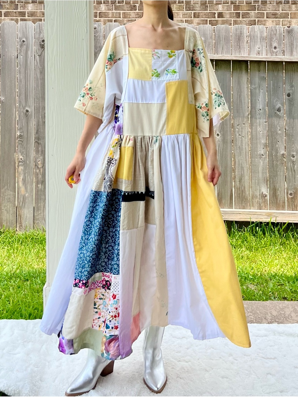 Earth-Toned | Handmade Quilted Patchwork Dress SKU 05216 One Size Fits All - Picture 2 of 11